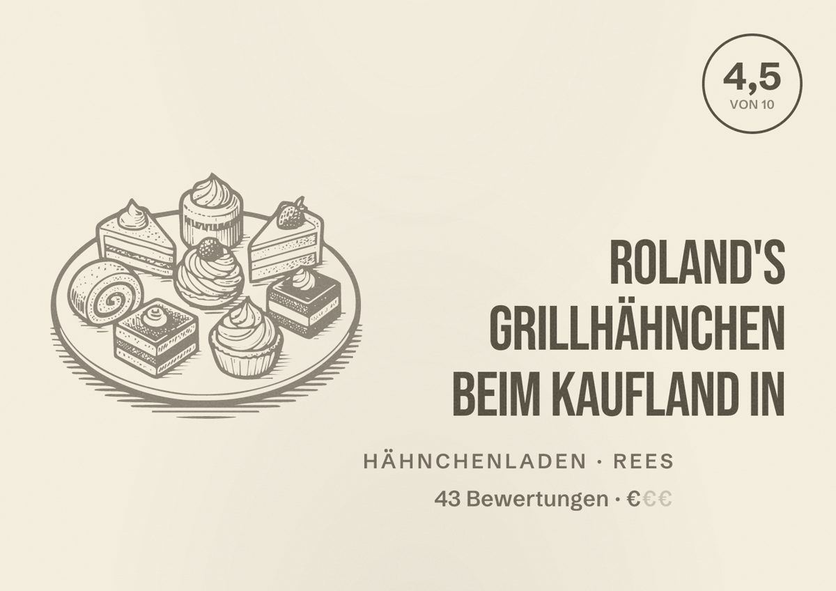 Illustriertes Poster von Roland's Grillhähnchen beim Kaufland in, Hähnchenladen in Rees: Bewertung 4,5 von 10 aus 43 Bewertungen, Preisniveau €