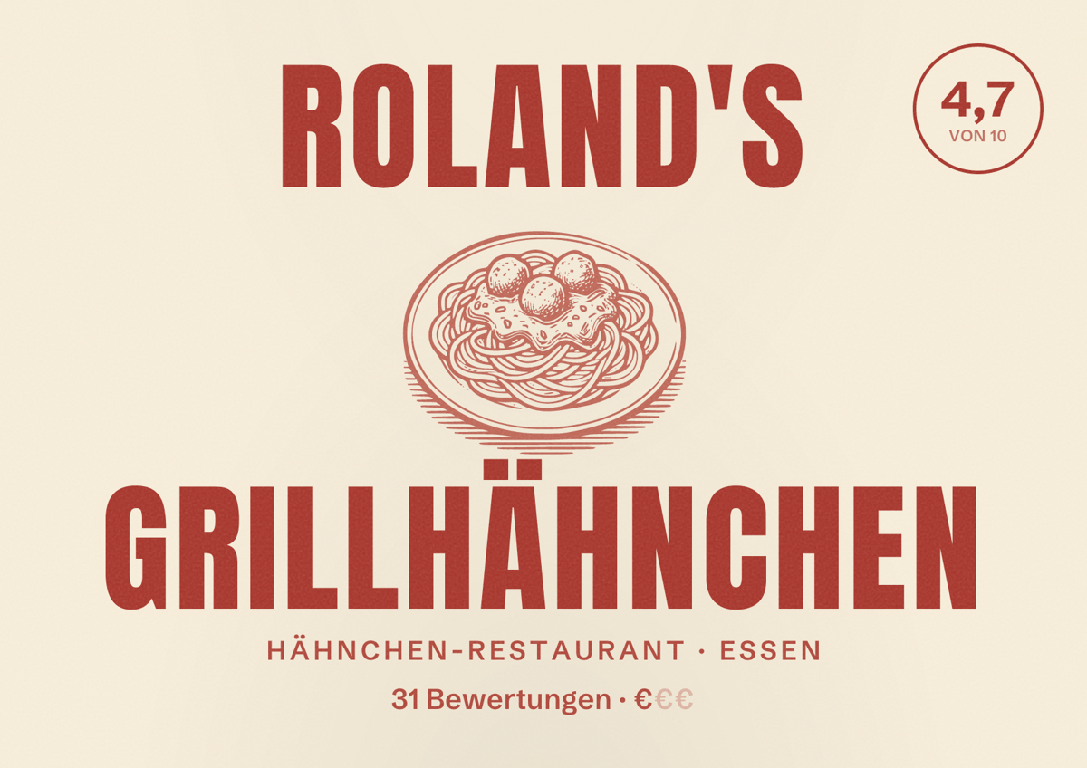 Illustriertes Poster von Roland's Grillhähnchen, Hähnchen-Restaurant in Essen: Bewertung 4,7 von 10 aus 31 Bewertungen, Preisniveau €