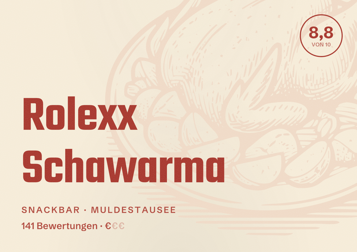 Illustriertes Poster von Rolexx Schawarma, Snackbar in Muldestausee: Bewertung 8,8 von 10 aus 141 Bewertungen, Preisniveau €