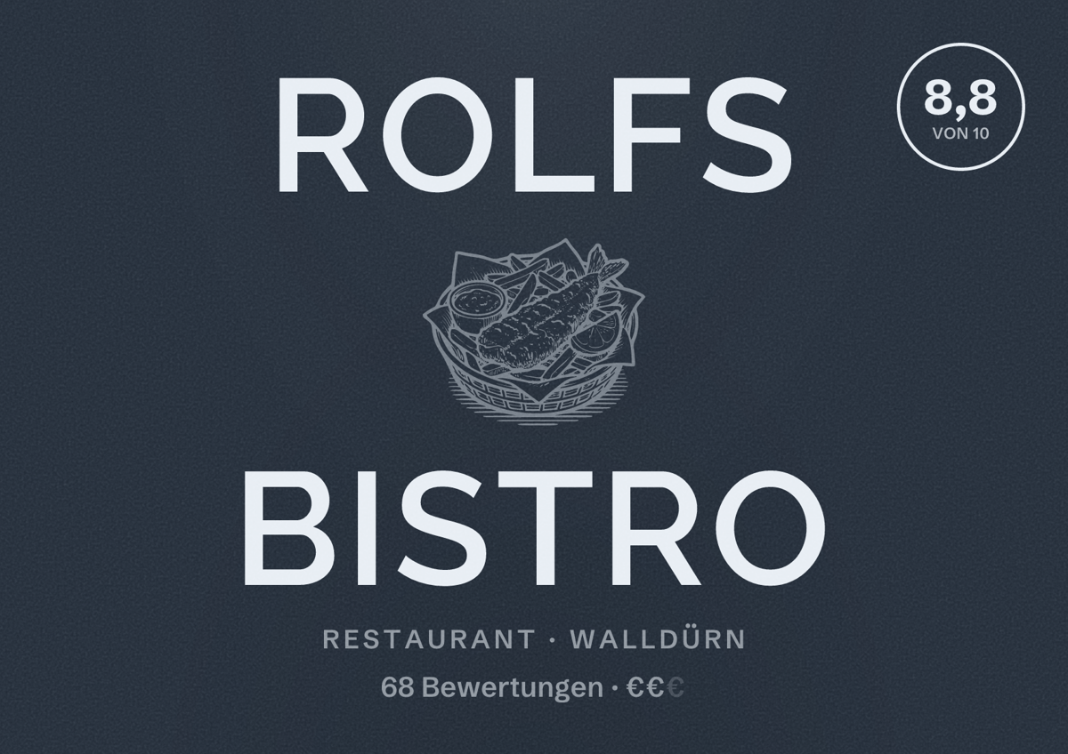 Illustriertes Poster von Rolfs Bistro, Restaurant in Walldürn: Bewertung 8,8 von 10 aus 68 Bewertungen, Preisniveau €€