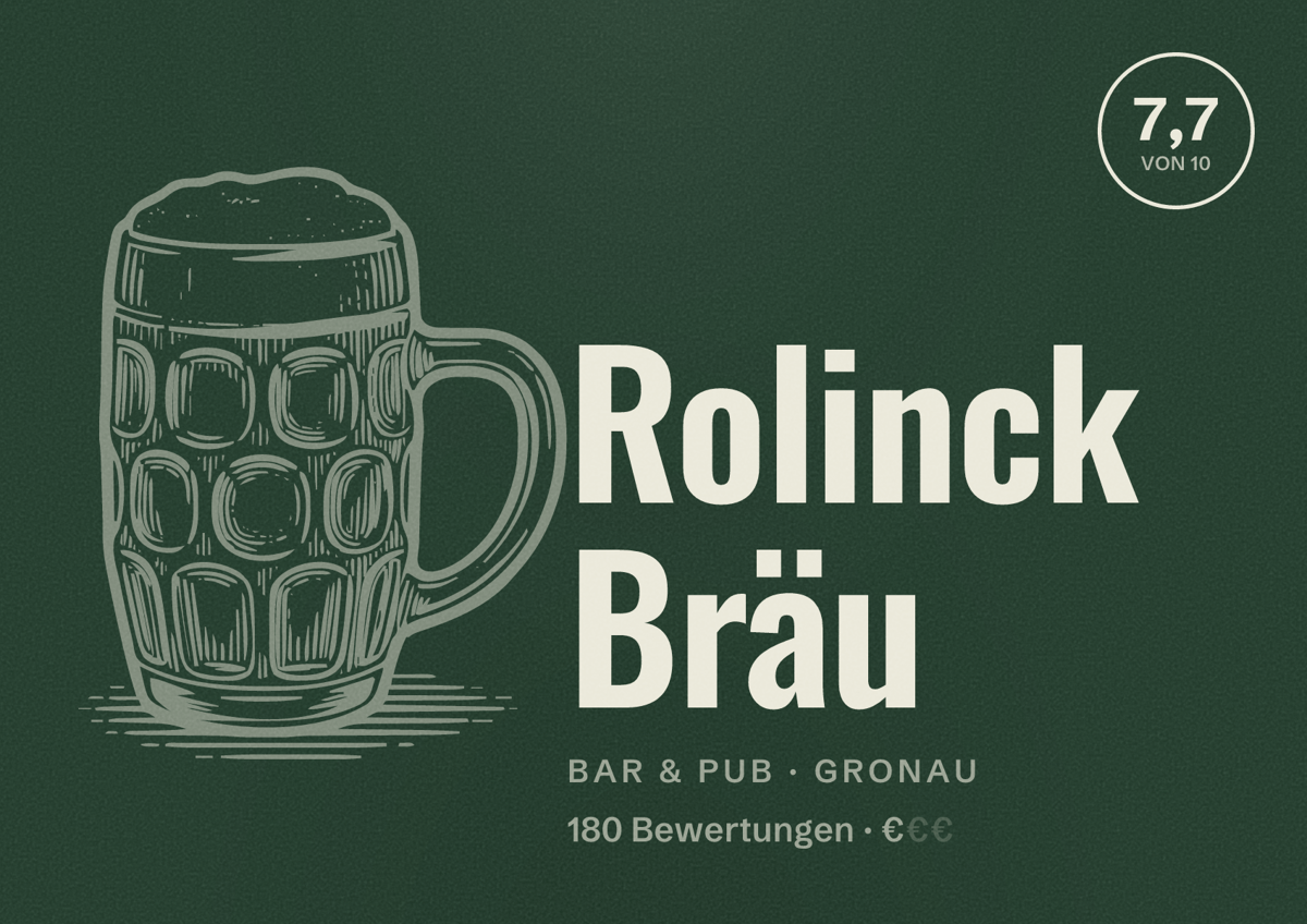 Illustriertes Poster von Rolinck Bräu, Bar & Pub in Gronau: Bewertung 7,7 von 10 aus 180 Bewertungen, Preisniveau €