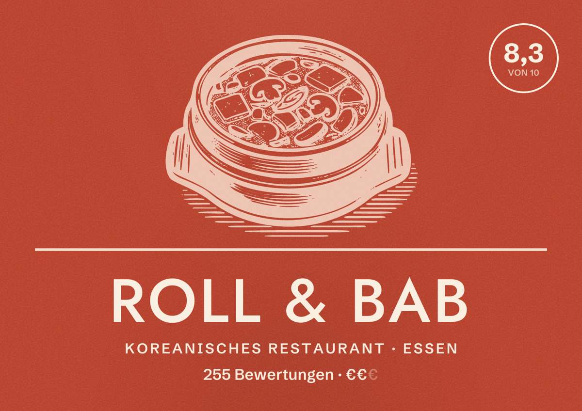 Illustriertes Poster von roll & bab, Koreanisches Restaurant in Essen: Bewertung 8,3 von 10 aus 255 Bewertungen, Preisniveau €€