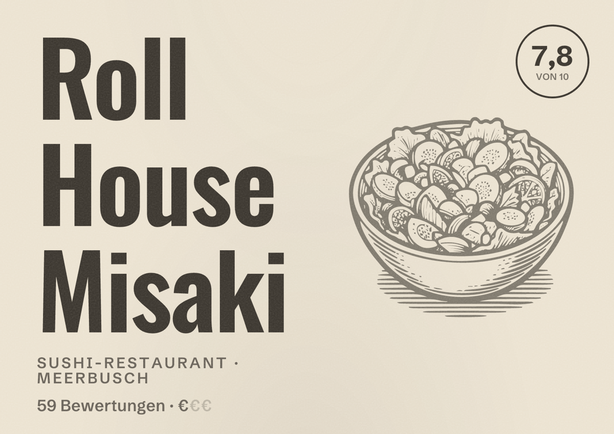 Illustriertes Poster von Roll House Misaki, Sushi-Restaurant in Meerbusch: Bewertung 7,8 von 10 aus 59 Bewertungen, Preisniveau €