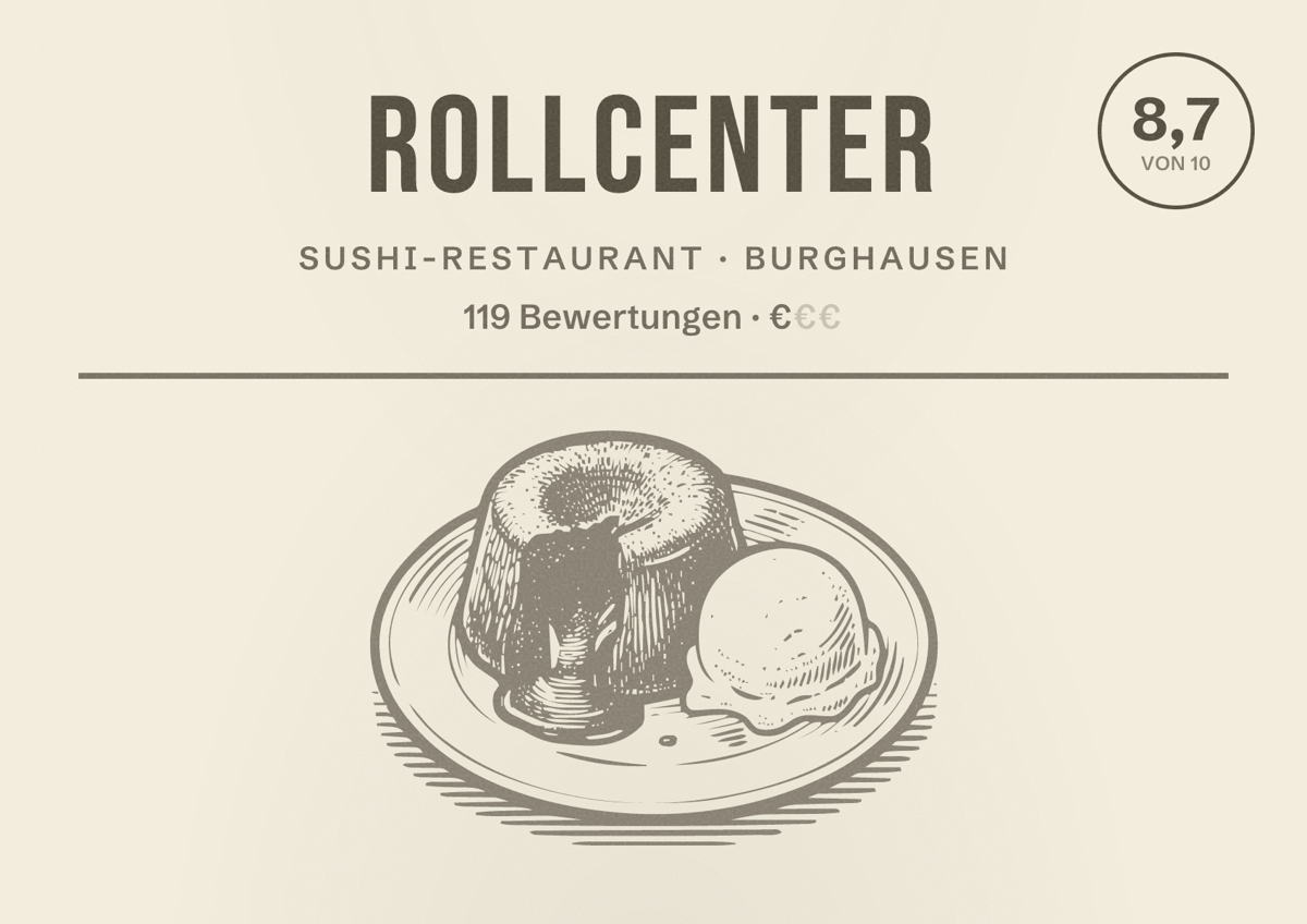 Illustriertes Poster von RollCenter, Sushi-Restaurant in Burghausen: Bewertung 8,7 von 10 aus 119 Bewertungen, Preisniveau €