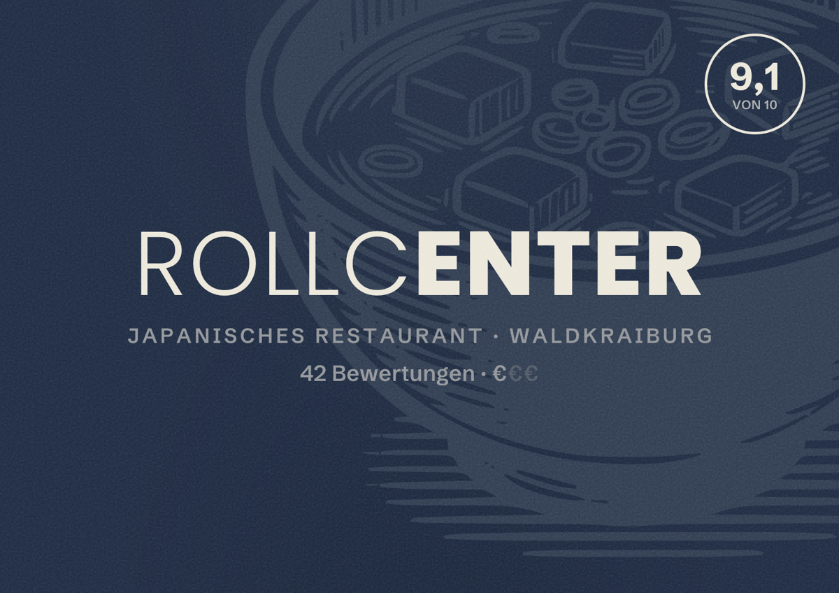 Illustriertes Poster von Rollcenter, Japanisches Restaurant in Waldkraiburg: Bewertung 9,1 von 10 aus 42 Bewertungen, Preisniveau €
