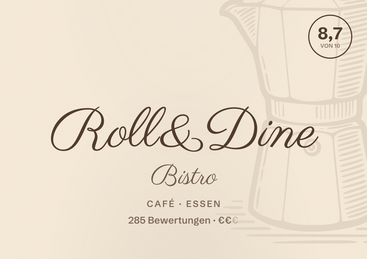 Illustriertes Poster von Roll&Dine Bistro, Café in Essen: Bewertung 8,7 von 10 aus 285 Bewertungen, Preisniveau €€