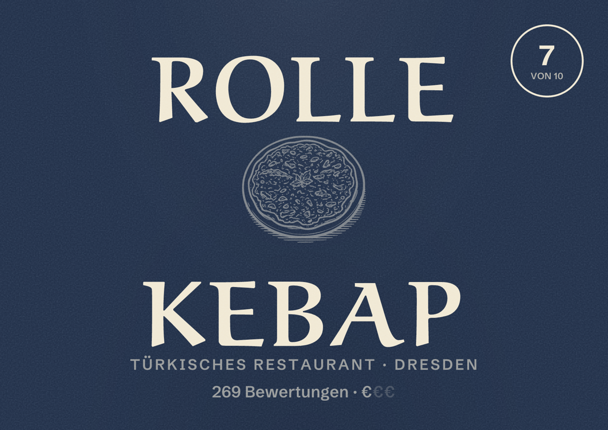 Illustriertes Poster von Rolle Kebap, Türkisches Restaurant in Dresden: Bewertung 7,0 von 10 aus 269 Bewertungen, Preisniveau €