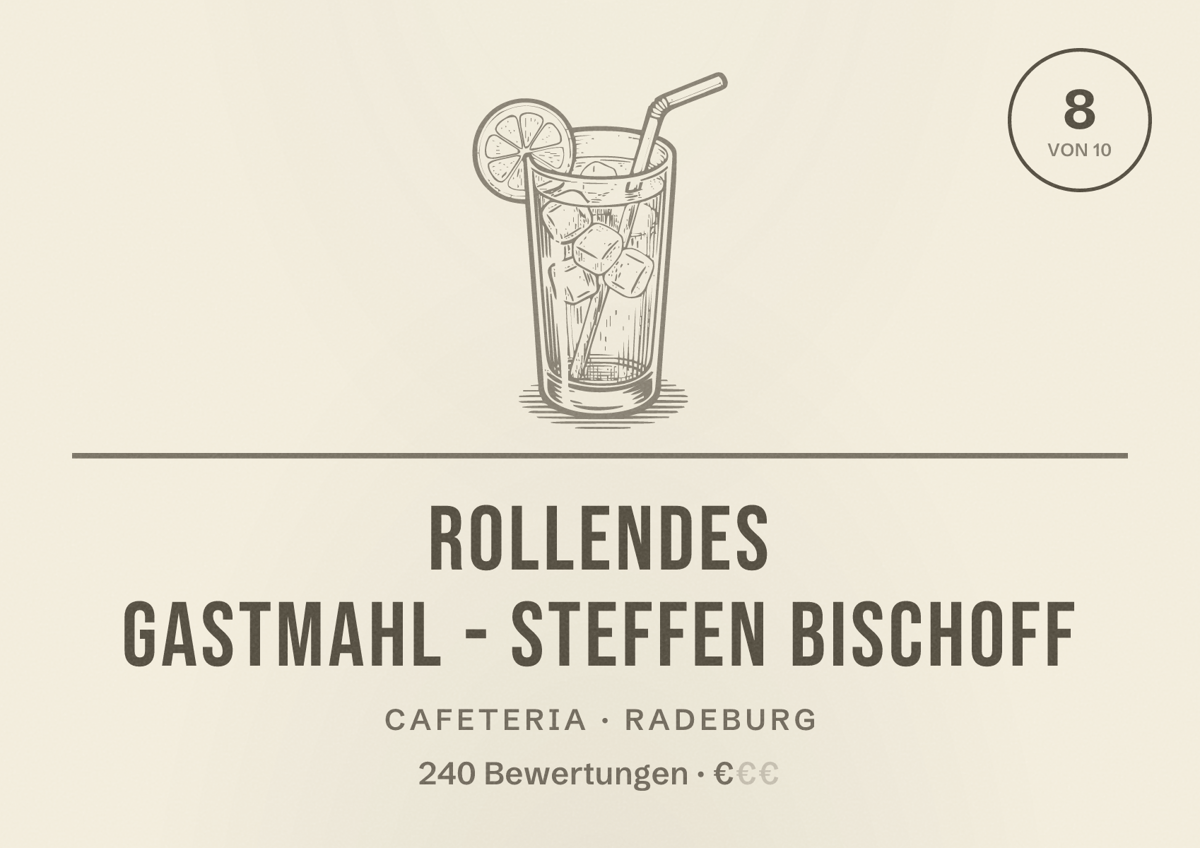 Illustriertes Poster von Rollendes Gastmahl - Steffen Bischoff, Cafeteria in Radeburg: Bewertung 8 von 10 aus 240 Bewertungen, Preisniveau €