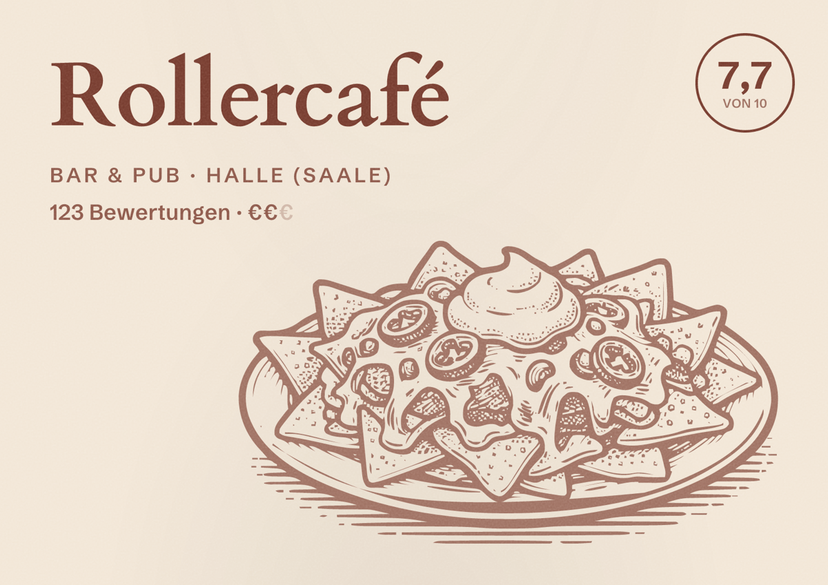 Illustriertes Poster von Rollercafé, Bar & Pub in Halle (Saale): Bewertung 7,7 von 10 aus 123 Bewertungen, Preisniveau €€