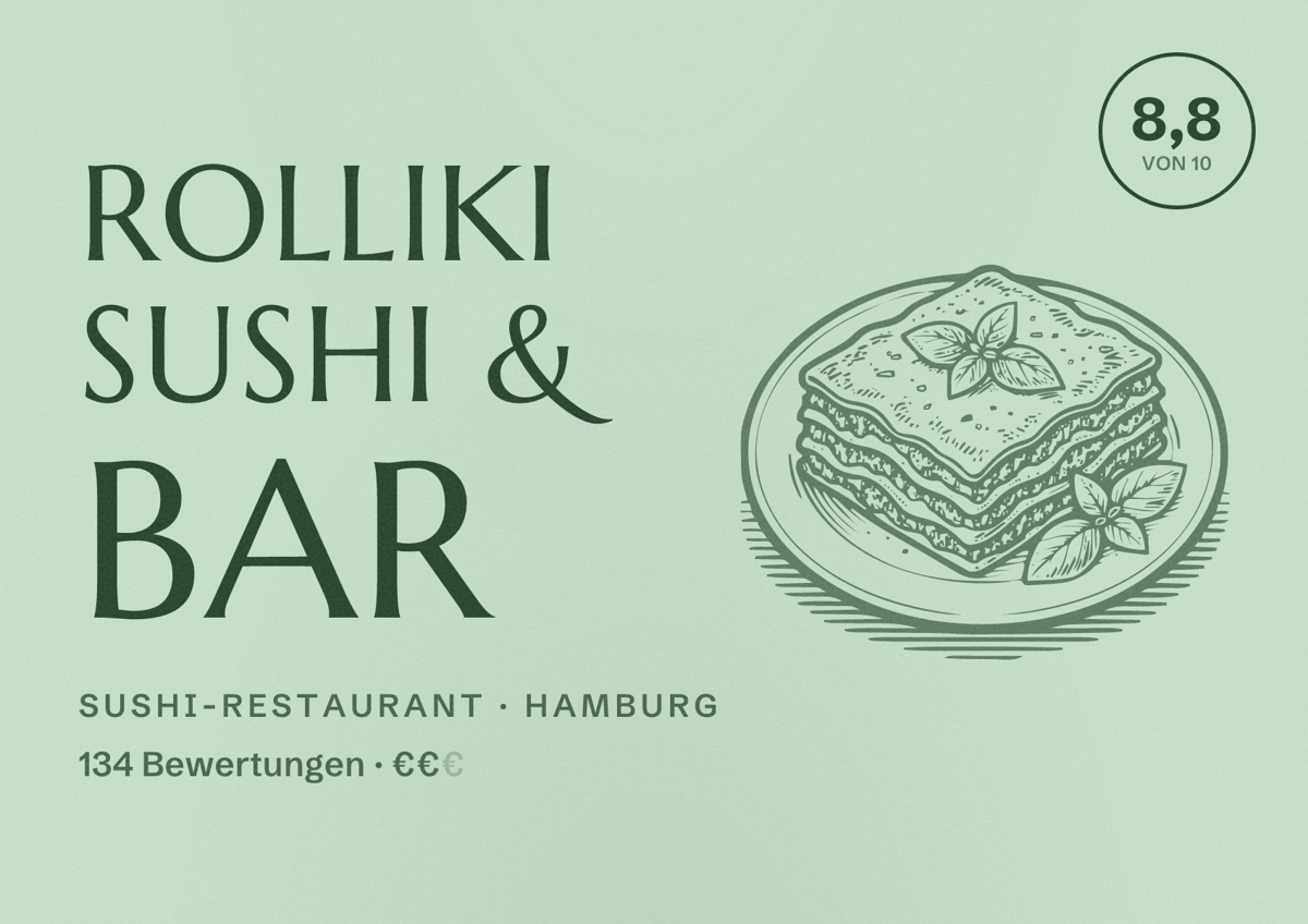 Illustriertes Poster von Rolliki Sushi & Bar, Sushi-Restaurant in Hamburg: Bewertung 8,8 von 10 aus 134 Bewertungen, Preisniveau €€