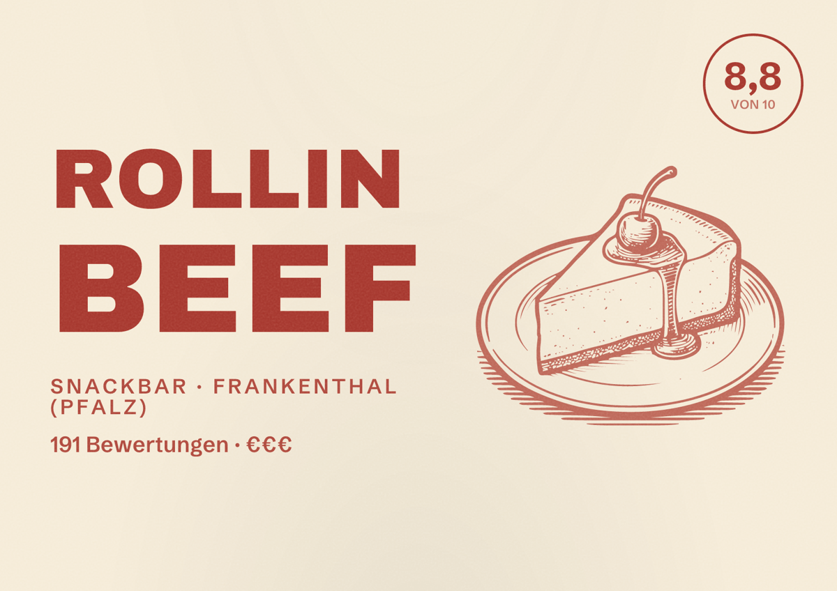 Illustriertes Poster von Rollin Beef, Snackbar in Frankenthal (Pfalz): Bewertung 8,8 von 10 aus 191 Bewertungen, Preisniveau €€€