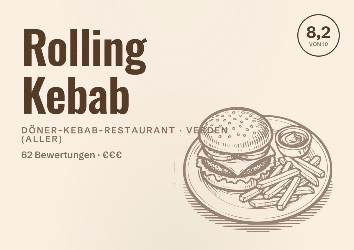 Illustriertes Poster von Rolling Kebab, Döner-Kebab-Restaurant in Verden (Aller): Bewertung 8,2 von 10 aus 62 Bewertungen, Preisniveau €€€