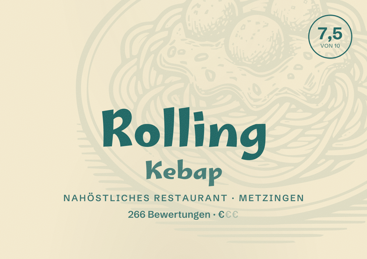 Illustriertes Poster von Rolling Kebap, Nahöstliches Restaurant in Metzingen: Bewertung 7,5 von 10 aus 266 Bewertungen, Preisniveau €