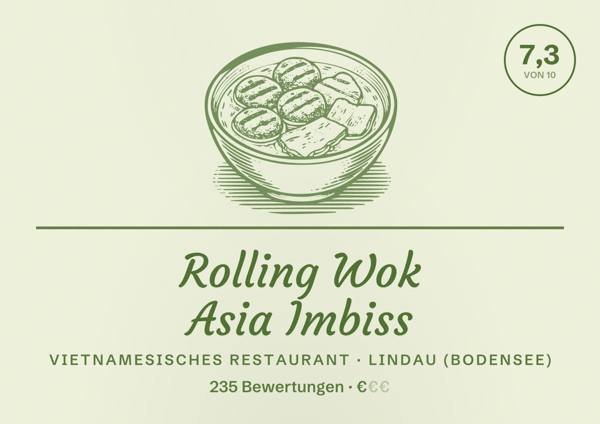 Illustriertes Poster von Rolling Wok Asia Imbiss, Vietnamesisches Restaurant in Lindau (Bodensee): Bewertung 7,3 von 10 aus 235 Bewertungen, Preisniveau €