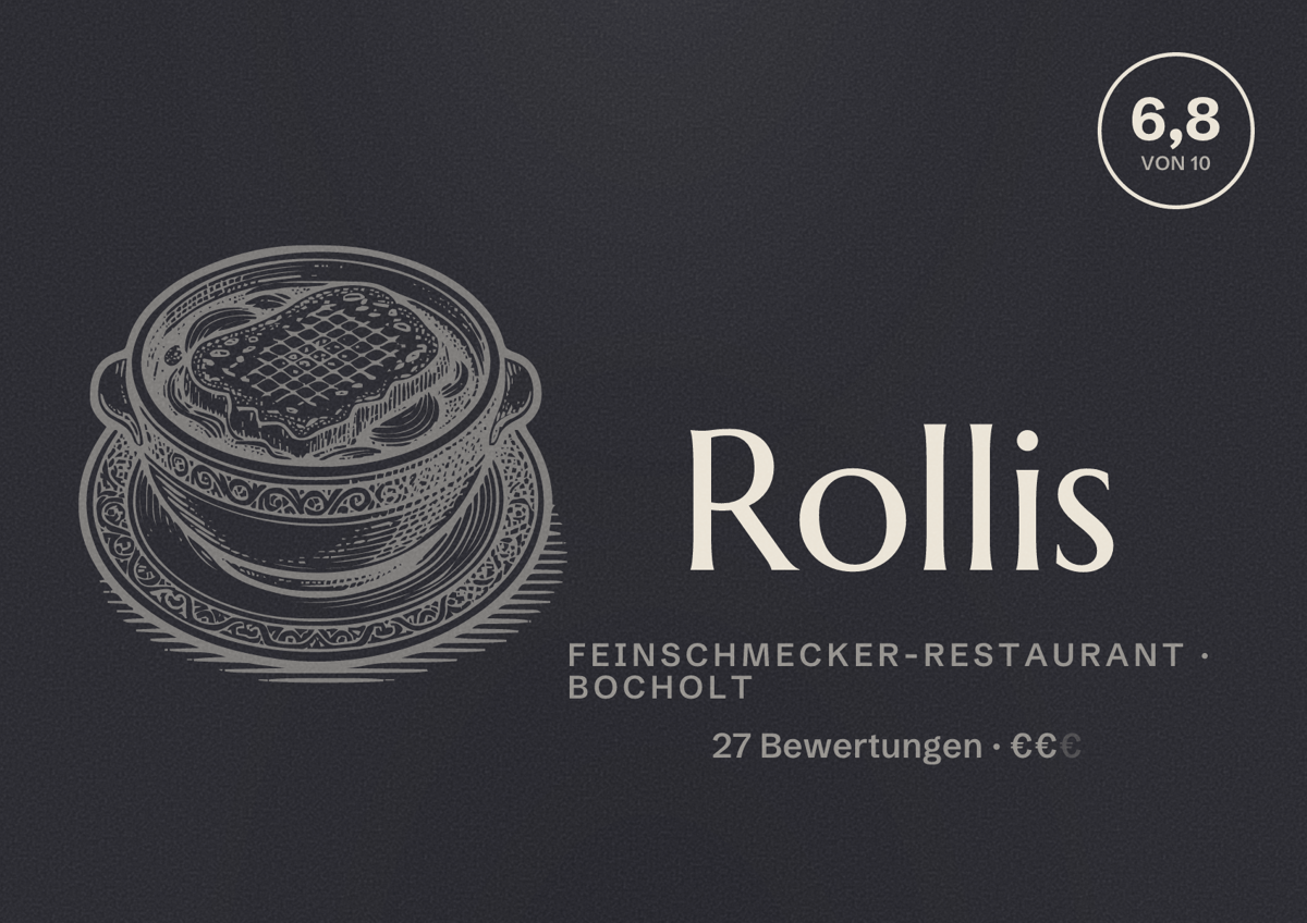Illustriertes Poster von Rollis, Feinschmecker-Restaurant in Bocholt: Bewertung 6,8 von 10 aus 27 Bewertungen, Preisniveau €€