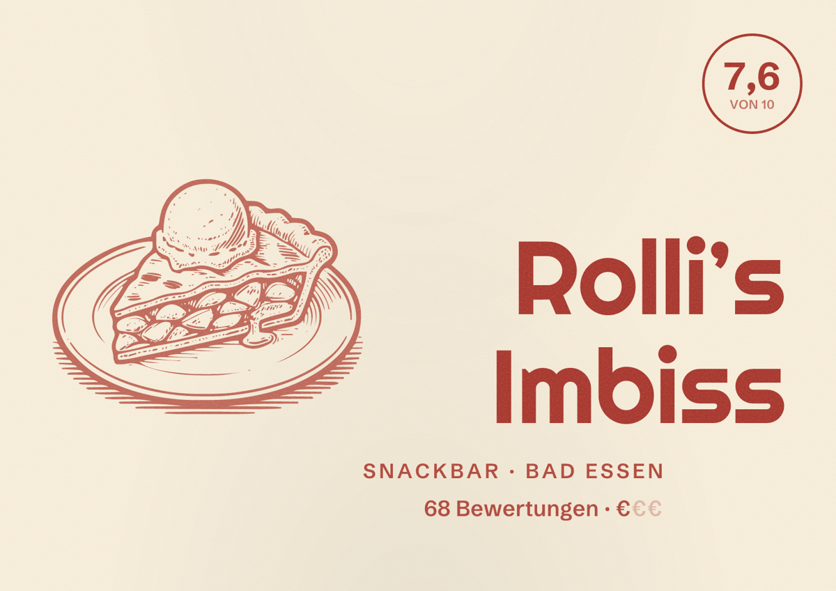 Illustriertes Poster von Rolli’s Imbiss, Snackbar in Bad Essen: Bewertung 7,6 von 10 aus 68 Bewertungen, Preisniveau €