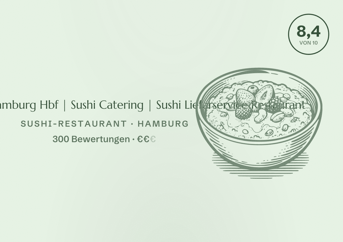 Illustriertes Poster von Rollmops Sushi Hamburg Hbf | Sushi Catering | Sushi Lieferservice Restaurant, Sushi-Restaurant in Hamburg: Bewertung 8,4 von 10 aus 300 Bewertungen, Preisniveau €€