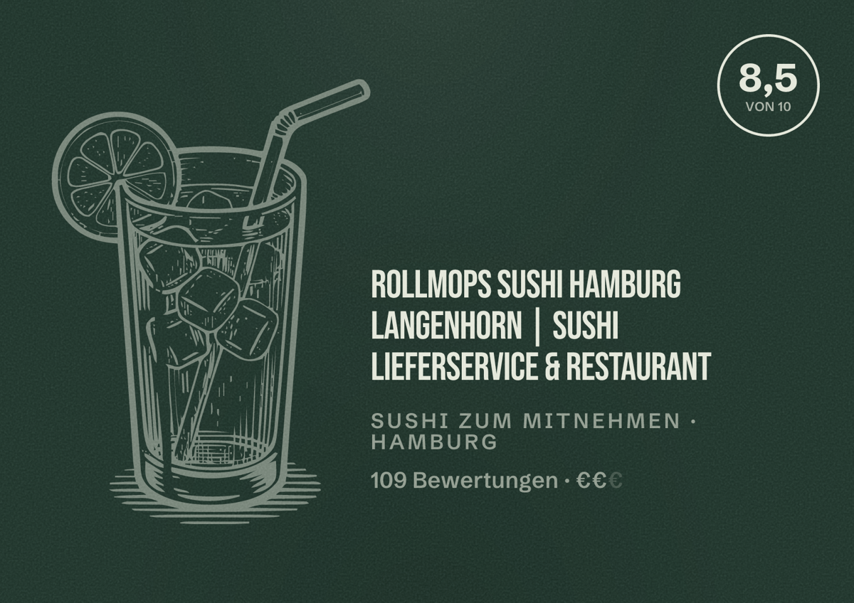 Illustriertes Poster von Rollmops Sushi Hamburg Langenhorn | Sushi Lieferservice & Restaurant, Sushi zum Mitnehmen in Hamburg: Bewertung 8,5 von 10 aus 109 Bewertungen, Preisniveau €€
