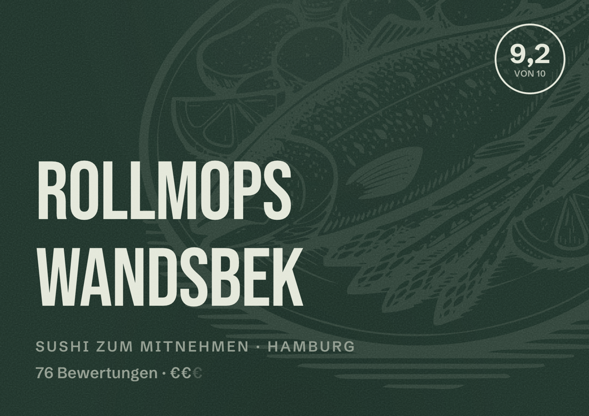 Illustriertes Poster von Rollmops Wandsbek, Sushi zum Mitnehmen in Hamburg: Bewertung 9,2 von 10 aus 76 Bewertungen, Preisniveau €€