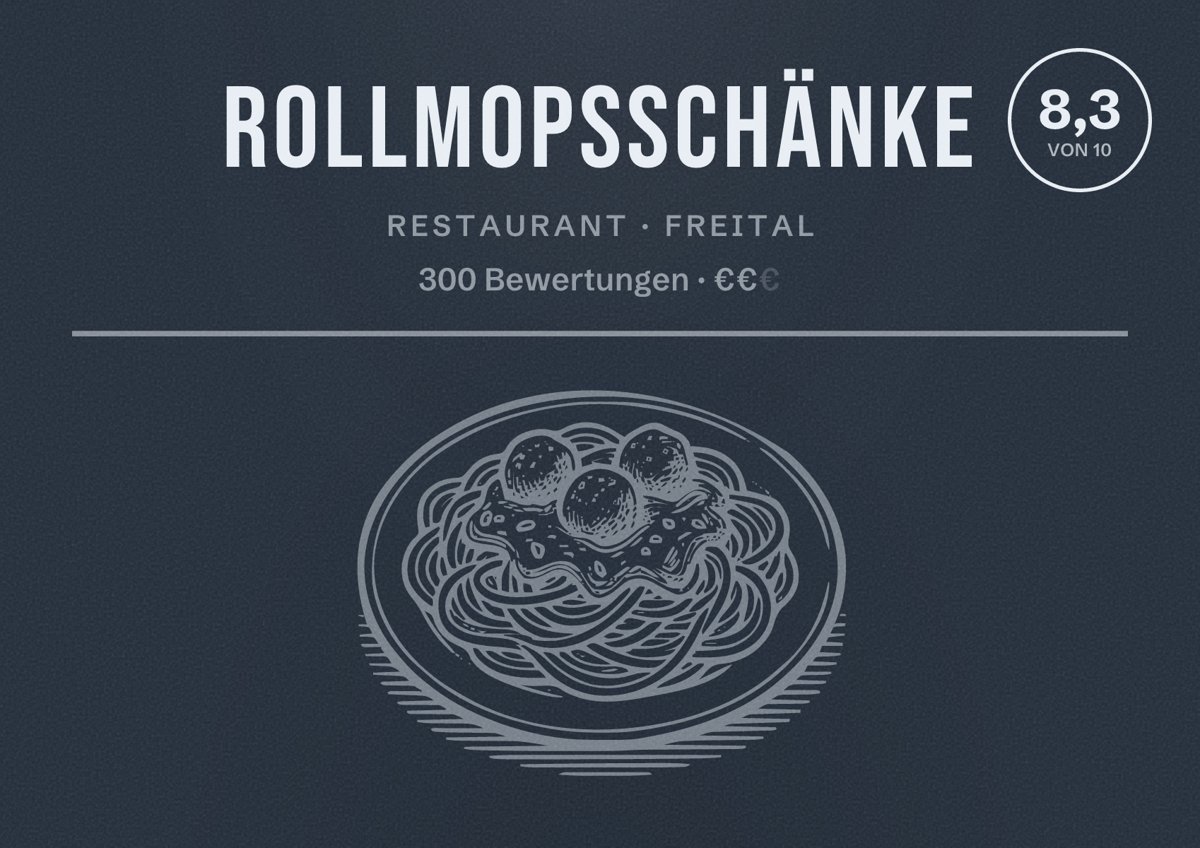 Illustriertes Poster von Rollmopsschänke, Restaurant in Freital: Bewertung 8,3 von 10 aus 300 Bewertungen, Preisniveau €€