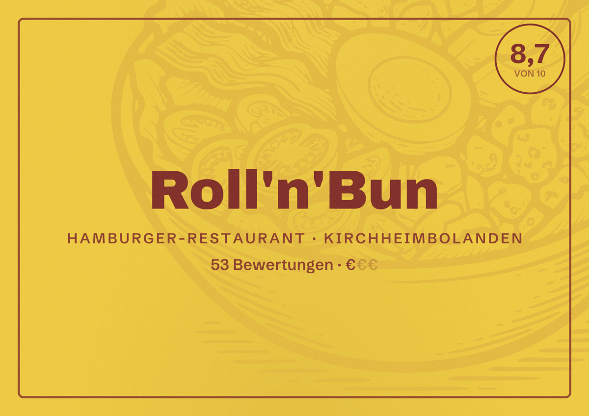 Illustriertes Poster von Roll'n'Bun, Hamburger-Restaurant in Kirchheimbolanden: Bewertung 8,7 von 10 aus 53 Bewertungen, Preisniveau €
