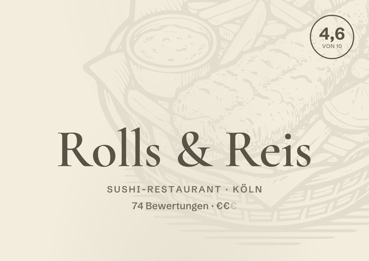 Illustriertes Poster von Rolls & Reis, Sushi-Restaurant in Köln: Bewertung 4,6 von 10 aus 74 Bewertungen, Preisniveau €€