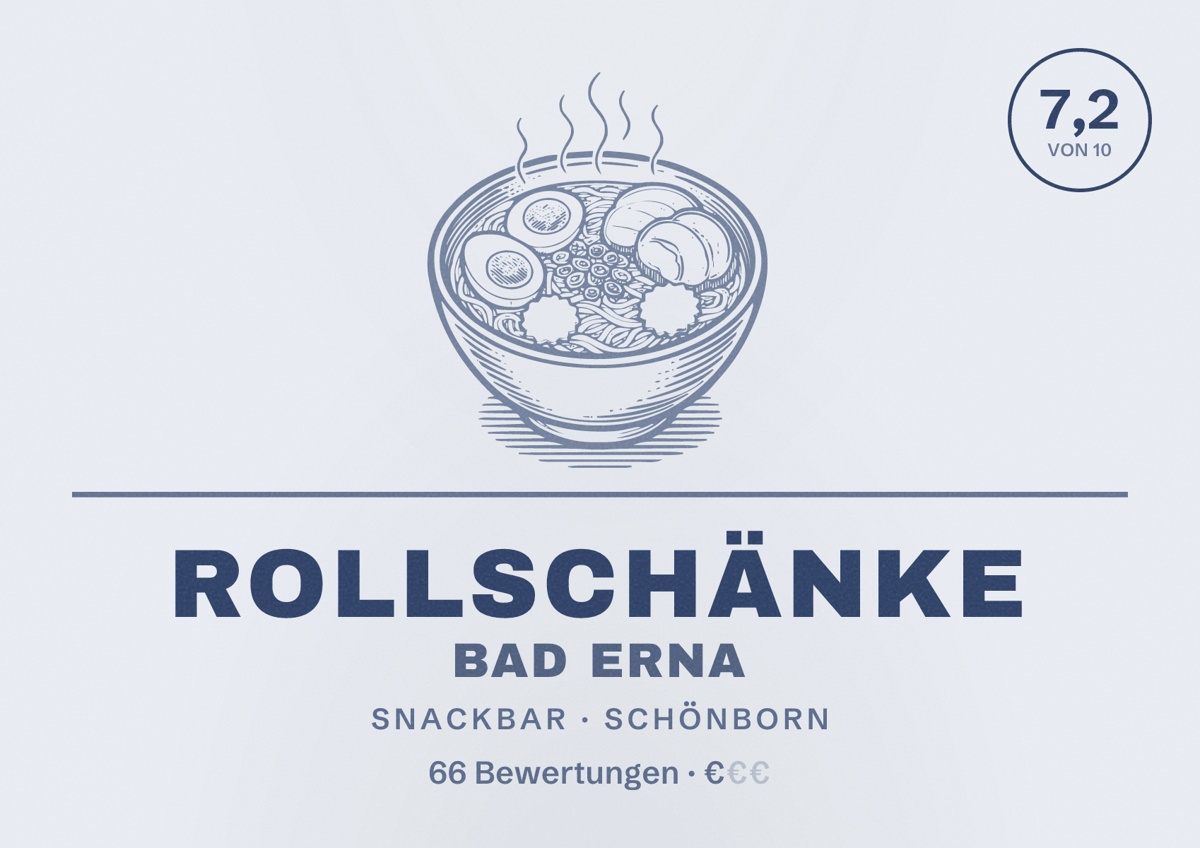 Illustriertes Poster von Rollschänke Bad Erna, Snackbar in Schönborn: Bewertung 7,2 von 10 aus 66 Bewertungen, Preisniveau €