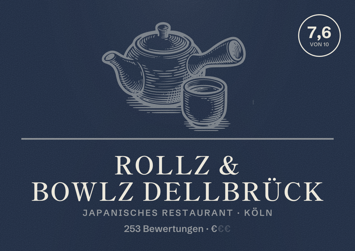 Illustriertes Poster von Rollz & Bowlz Dellbrück, Japanisches Restaurant in Köln: Bewertung 7,6 von 10 aus 253 Bewertungen, Preisniveau €
