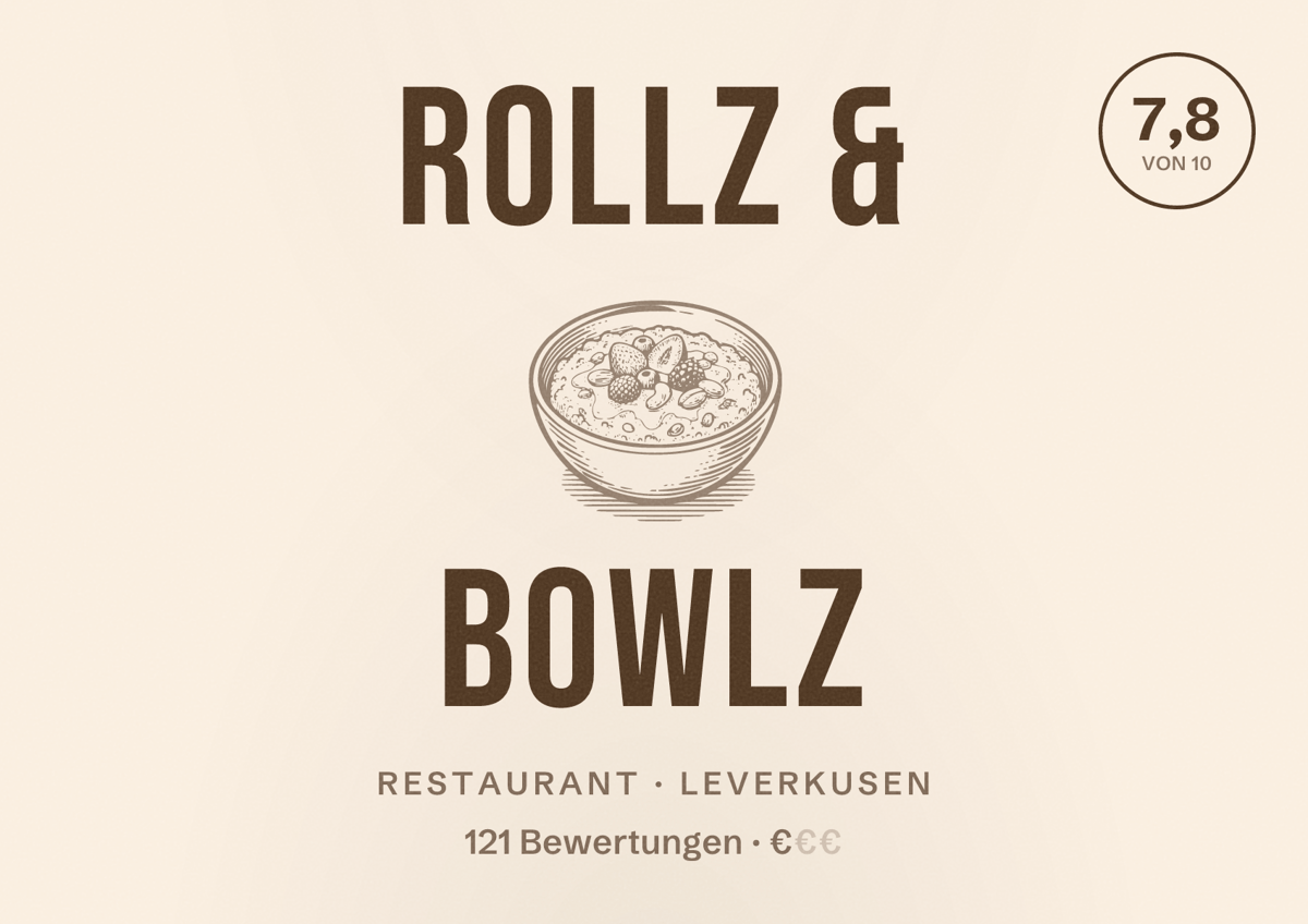 Illustriertes Poster von Rollz & Bowlz, Restaurant in Leverkusen: Bewertung 7,8 von 10 aus 121 Bewertungen, Preisniveau €