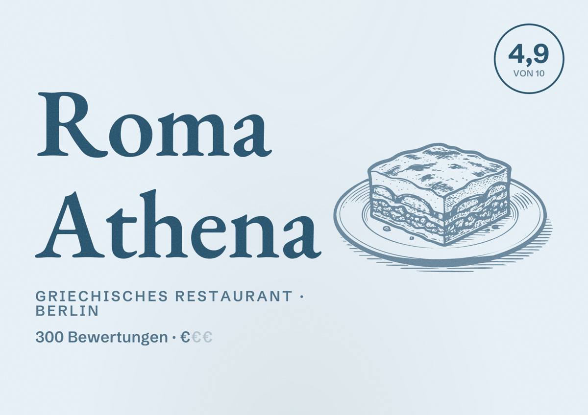 Illustriertes Poster von Roma Athena, Griechisches Restaurant in Berlin: Bewertung 4,9 von 10 aus 300 Bewertungen, Preisniveau €