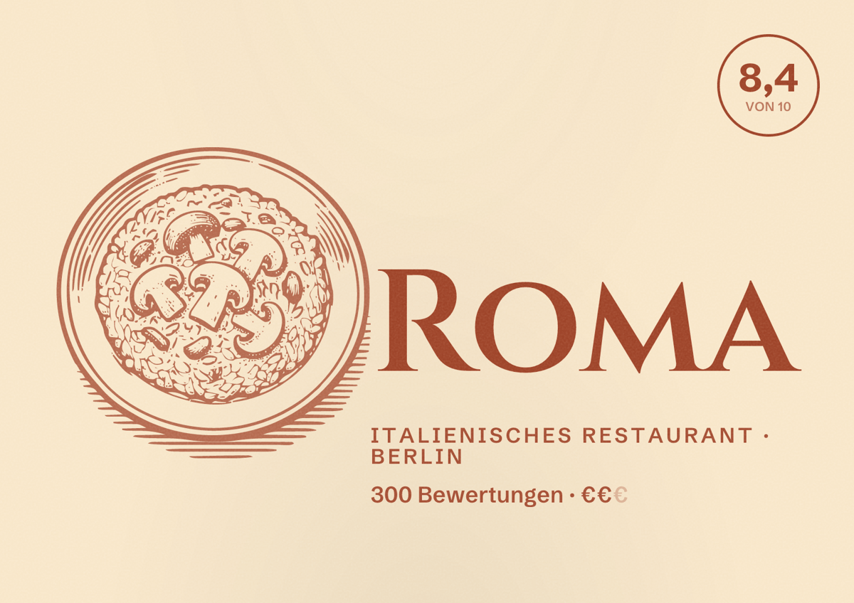 Illustriertes Poster von Roma, Italienisches Restaurant in Berlin: Bewertung 8,4 von 10 aus 300 Bewertungen, Preisniveau €€