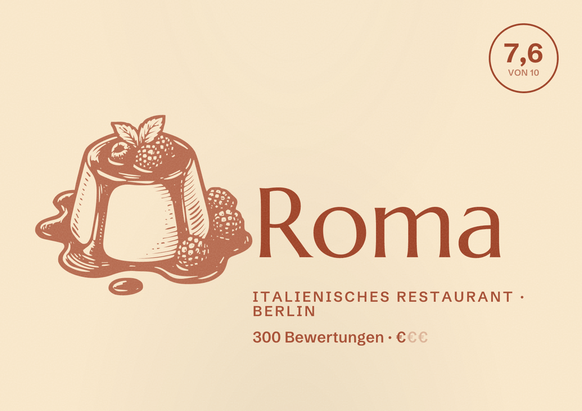 Illustriertes Poster von Roma, Italienisches Restaurant in Berlin: Bewertung 7,6 von 10 aus 300 Bewertungen, Preisniveau €