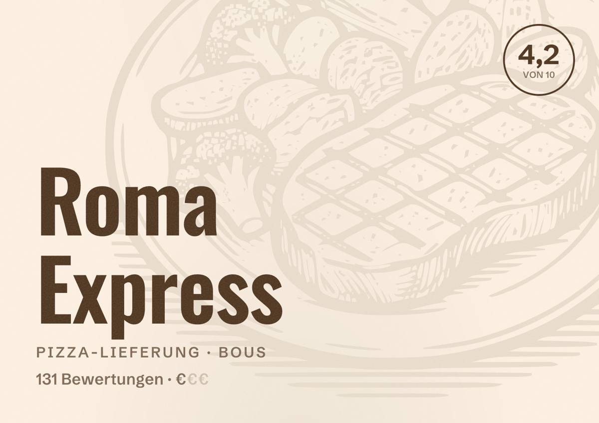 Illustriertes Poster von Roma Express, Pizza-Lieferung in Bous: Bewertung 4,2 von 10 aus 131 Bewertungen, Preisniveau €