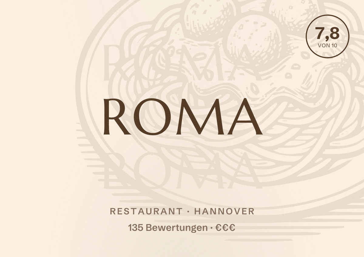 Illustriertes Poster von Roma, Restaurant in Hannover: Bewertung 7,8 von 10 aus 135 Bewertungen, Preisniveau €€€