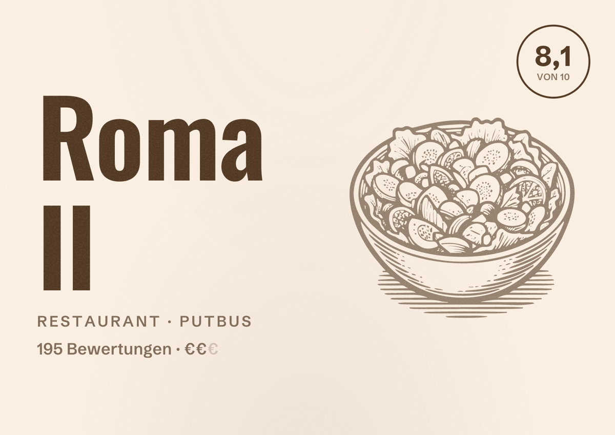 Illustriertes Poster von Roma II, Restaurant in Putbus: Bewertung 8,1 von 10 aus 195 Bewertungen, Preisniveau €€