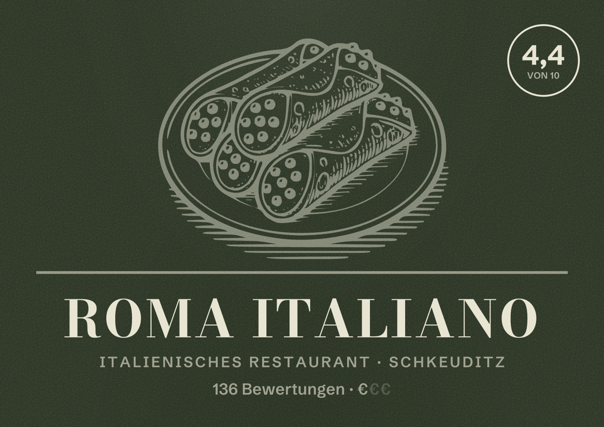 Illustriertes Poster von Roma italiano, Italienisches Restaurant in Schkeuditz: Bewertung 4,4 von 10 aus 136 Bewertungen, Preisniveau €