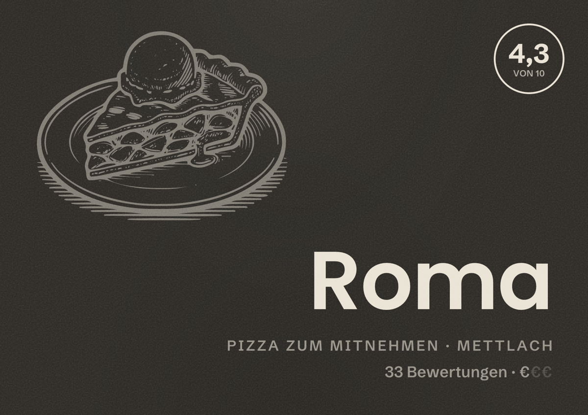 Illustriertes Poster von Roma, Pizza zum Mitnehmen in Mettlach: Bewertung 4,3 von 10 aus 33 Bewertungen, Preisniveau €