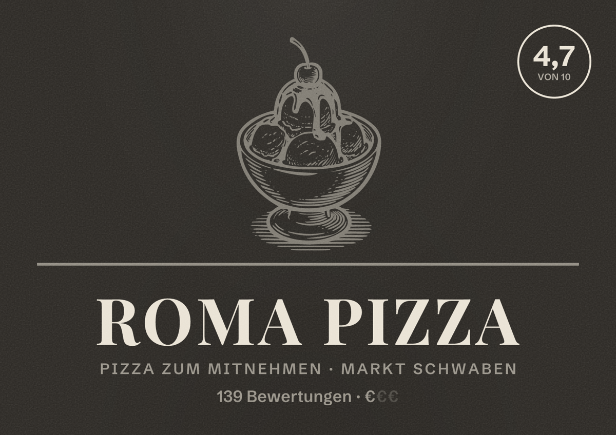 Illustriertes Poster von Roma Pizza, Pizza zum Mitnehmen in Markt Schwaben: Bewertung 4,7 von 10 aus 139 Bewertungen, Preisniveau €