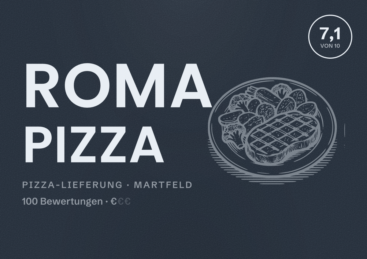 Illustriertes Poster von Roma Pizza, Pizza-Lieferung in Martfeld: Bewertung 7,1 von 10 aus 100 Bewertungen, Preisniveau €