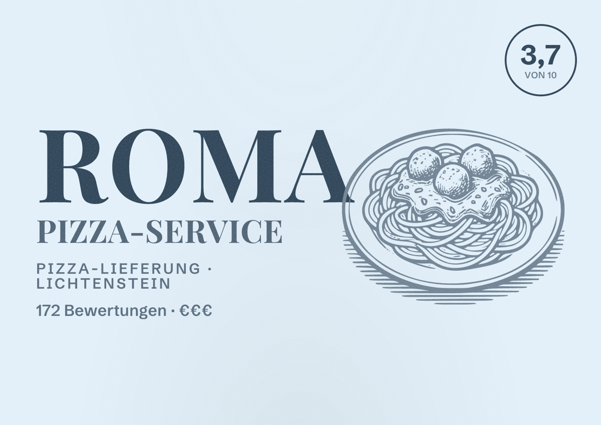 Illustriertes Poster von Roma Pizza-Service, Pizza-Lieferung in Lichtenstein: Bewertung 3,7 von 10 aus 172 Bewertungen, Preisniveau €€€