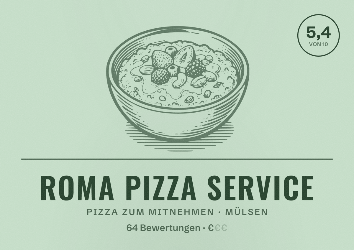 Illustriertes Poster von Roma Pizza Service, Pizza zum Mitnehmen in Mülsen: Bewertung 5,4 von 10 aus 64 Bewertungen, Preisniveau €