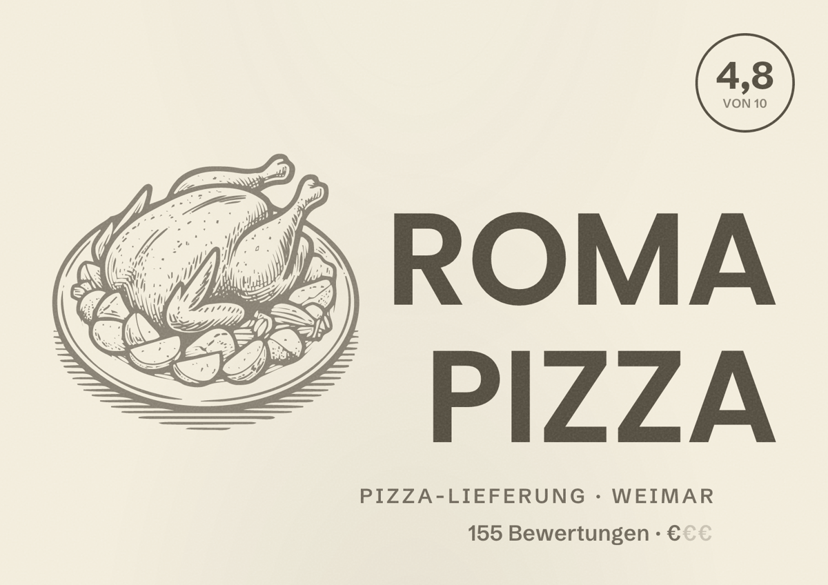 Illustriertes Poster von ROMA PIZZA, Pizza-Lieferung in Weimar: Bewertung 4,8 von 10 aus 155 Bewertungen, Preisniveau €
