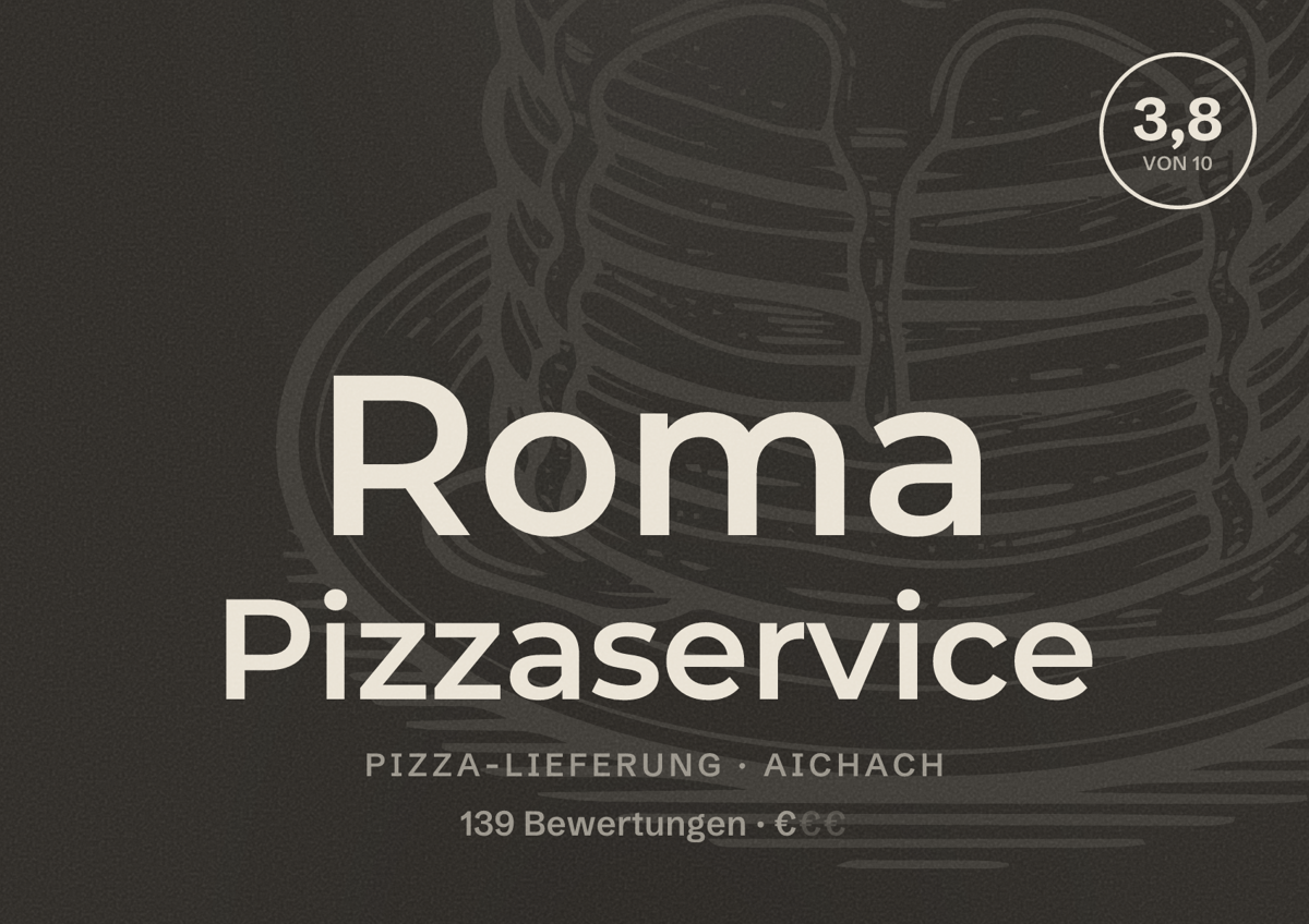 Illustriertes Poster von Roma Pizzaservice, Pizza-Lieferung in Aichach: Bewertung 3,8 von 10 aus 139 Bewertungen, Preisniveau €