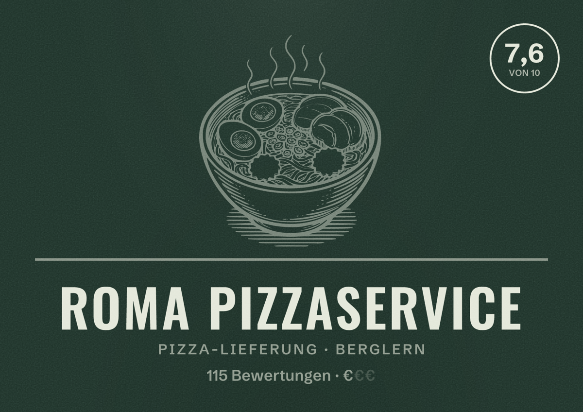 Illustriertes Poster von Roma pizzaservice, Pizza-Lieferung in Berglern: Bewertung 7,6 von 10 aus 115 Bewertungen, Preisniveau €