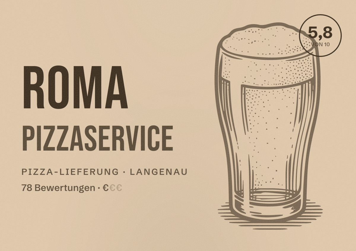 Illustriertes Poster von ROMA Pizzaservice, Pizza-Lieferung in Langenau: Bewertung 5,8 von 10 aus 78 Bewertungen, Preisniveau €