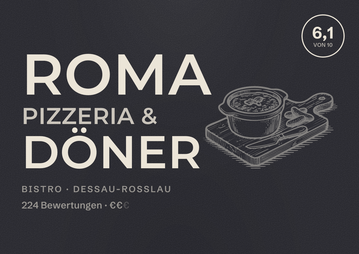 Illustriertes Poster von Roma Pizzeria & Döner, Bistro in Dessau-Roßlau: Bewertung 6,1 von 10 aus 224 Bewertungen, Preisniveau €€