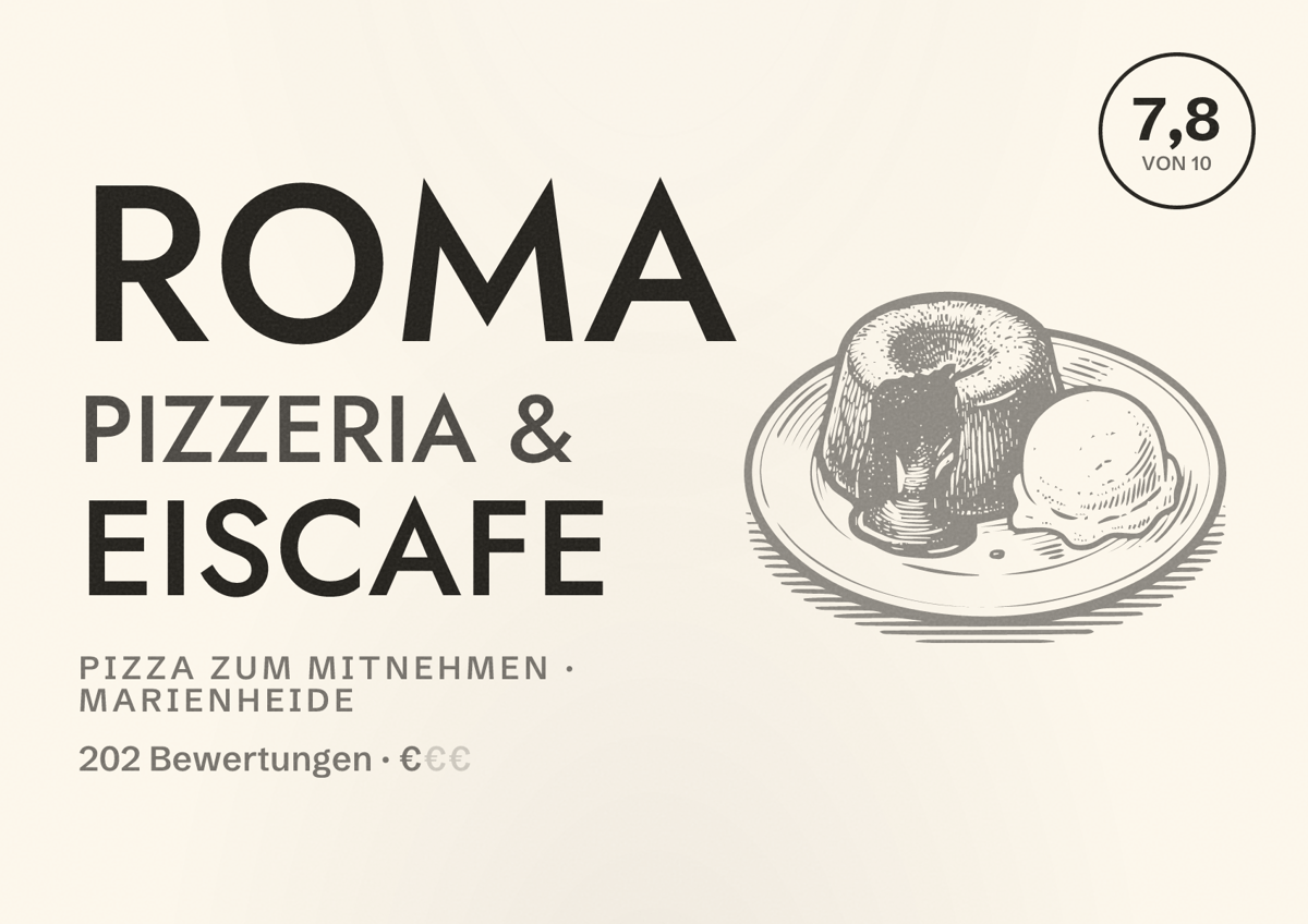 Illustriertes Poster von Roma Pizzeria & Eiscafe, Pizza zum Mitnehmen in Marienheide: Bewertung 7,8 von 10 aus 202 Bewertungen, Preisniveau €