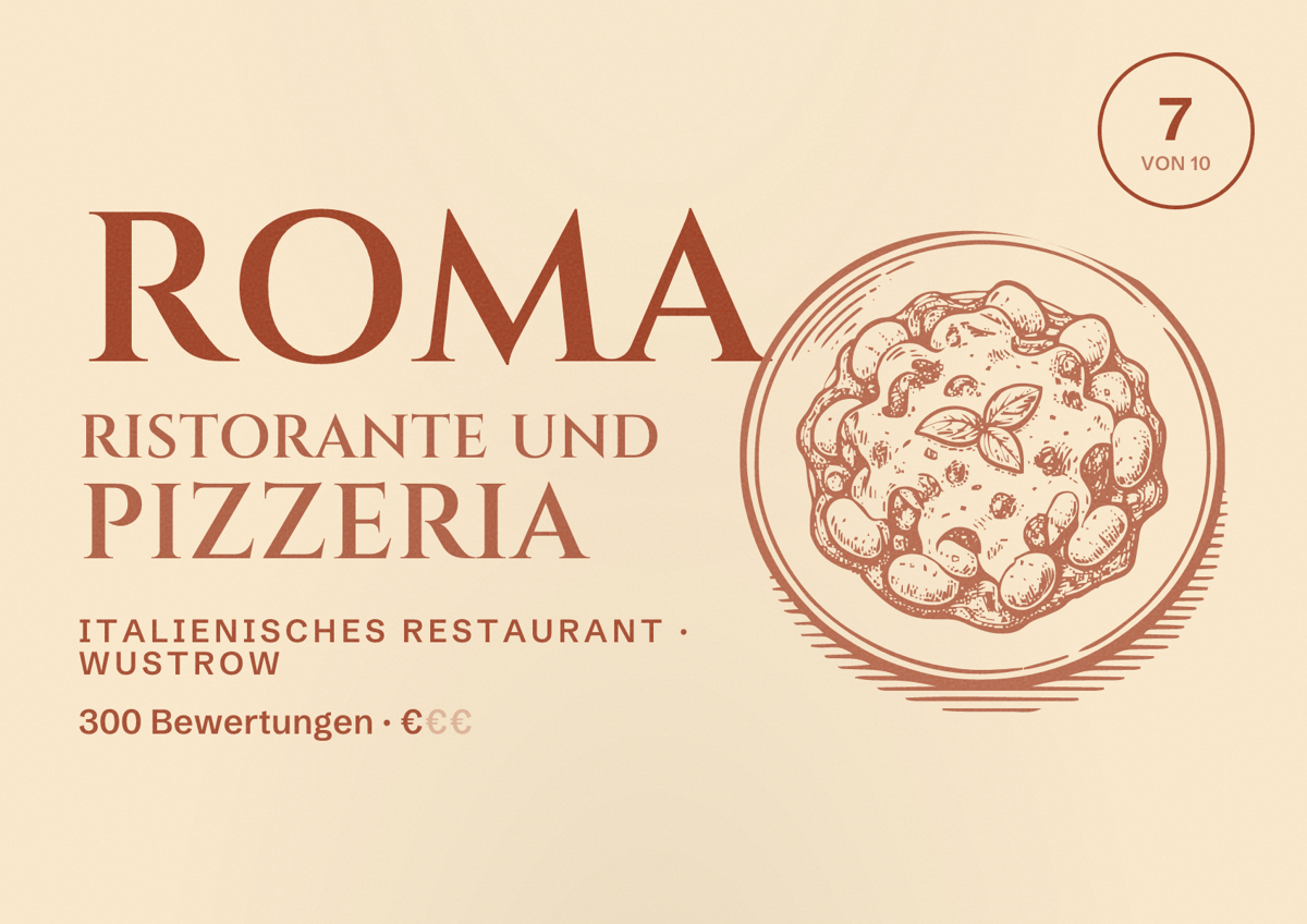 Illustriertes Poster von Roma Ristorante und Pizzeria, Italienisches Restaurant in Wustrow: Bewertung 7 von 10 aus 300 Bewertungen, Preisniveau €