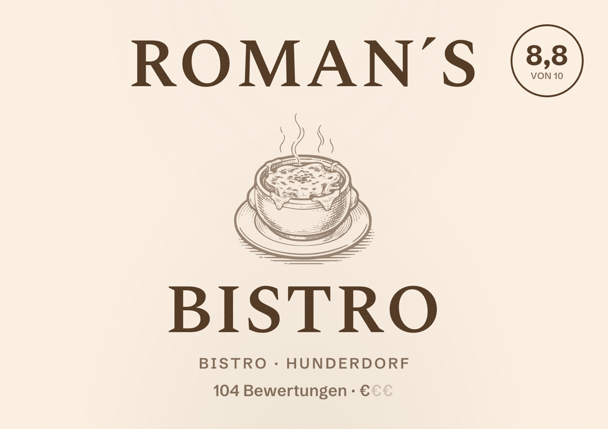 Illustriertes Poster von Roman´s Bistro, Bistro in Hunderdorf: Bewertung 8,8 von 10 aus 104 Bewertungen, Preisniveau €