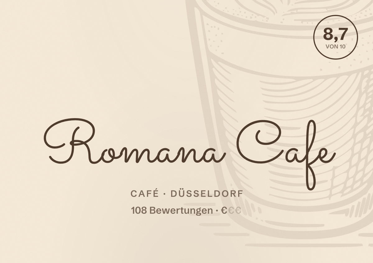 Illustriertes Poster von Romana Cafe, Café in Düsseldorf: Bewertung 8,7 von 10 aus 108 Bewertungen, Preisniveau €